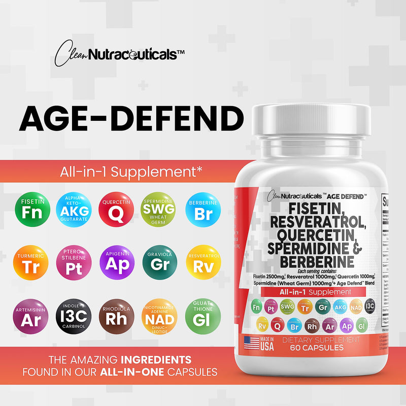 [Australia] - Clean Nutraceuticals Fisetin 2500mg Quercetin 1000mg Resveratrol 1000mg with Spermidine Wheat Germ Extract 1000mg - Health Supplement for Adults Longevity with Berberine, Collagen, Rhodiola, Apigenin 