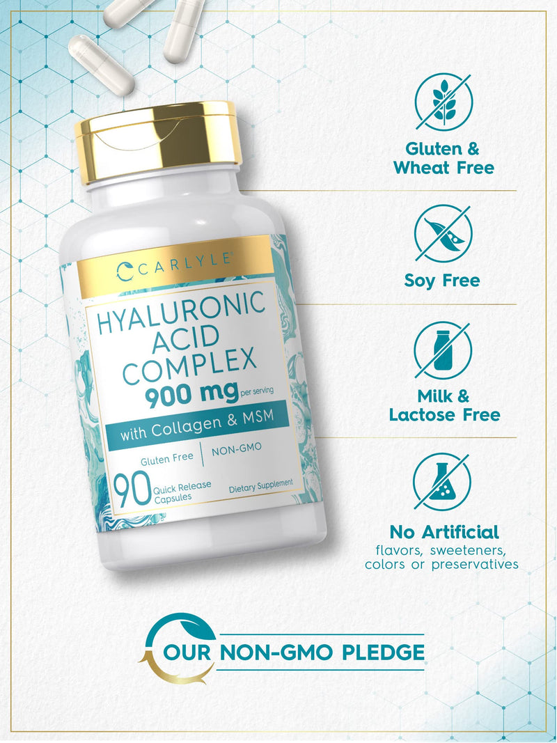 Carlyle Hyaluronic Acid with Collagen 900mg | 90 Capsules | with MSM | Hydrolyzed Collagen Complex | Non-GMO, Gluten Free Supplement