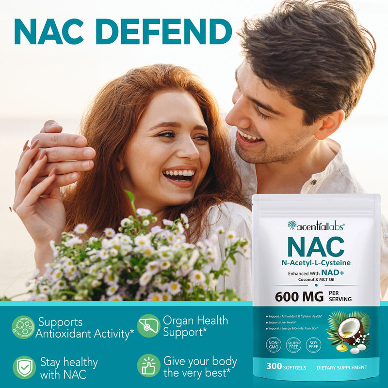 NAC Supplement with NAD+, N-Acetyl L-Cysteine Softgels with Coconut Oil & MCT Oil, Supports Cellular Function & Antioxidant Support, Non-GMO, Gluten-Free, 300 Count