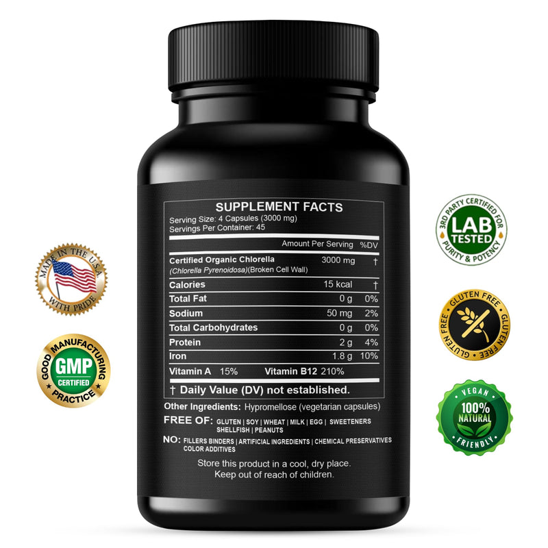 [Australia] - Chlorella Capsules 3000 mg - Cracked Cell Wall Blue Green Algae Supplement - Best Natural Detox Cleanse - Plant Vitamins Minerals Chlorophyll Vegan Protein Powder Pills - Made in USA 
