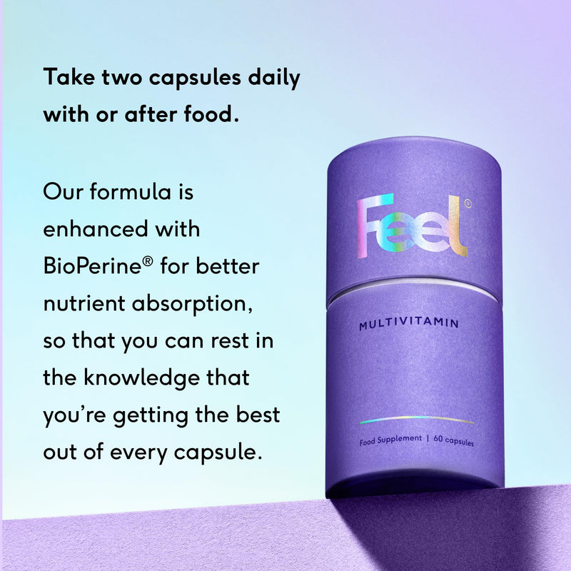 FEEL Daily Multivitamin with 32 Active Ingredients 60 Capsules | Vegan Multivitamin with Bioavailable Vitamins, Minerals, & Botanicals | Ingredients Help to Supports Energy, Immunity, & General Health