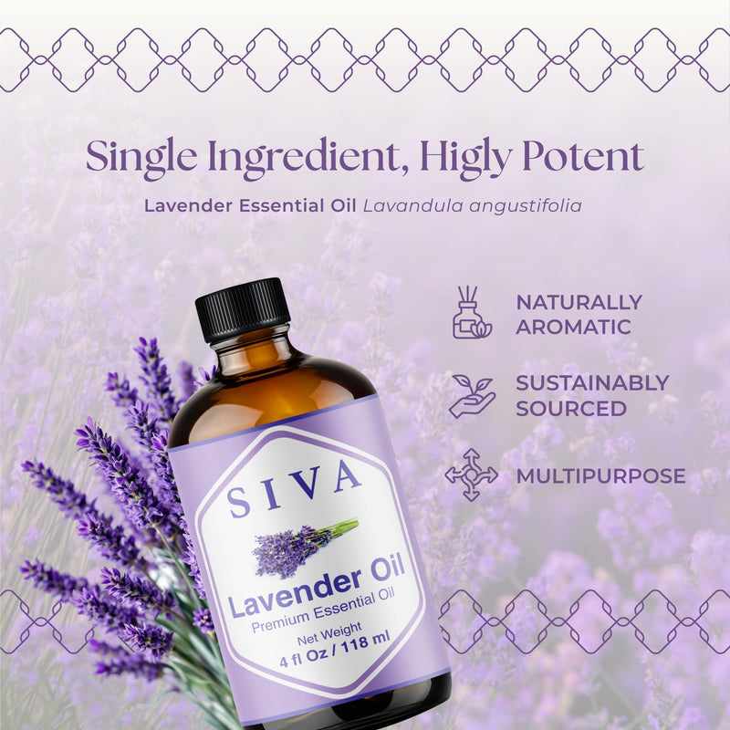 [Australia] - SIVA Lavender Essential Oil - 4 Fl Oz ‚Äì Natural Lavender Oil - for Diffuser, Face, Skin Care, Aromatherapy, Hair Care, Scalp and Body Massage - with Dropper 4 Fl Oz (Pack of 1) 