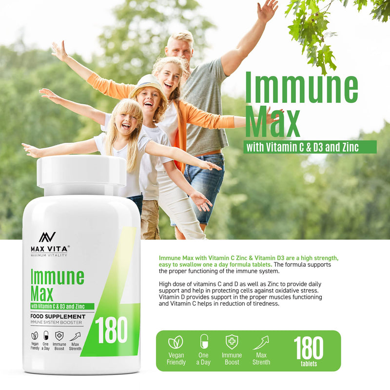 Vitamin C with Zinc 15mg & Vitamin D3 2000IU Multivitamin for Men & Women Immune Booster Strong Bones Teeth - 180 Vegan & Vegetarian Tablets Made in The UK