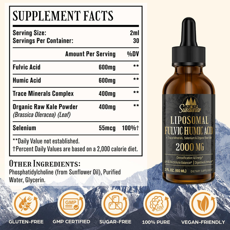 [Australia] - 2000 MG Liposomal Fulvic Acid + Humic Acid + Trace Minerals Complex - More Potent Than Shilajit, Electrolytes Liquid Supplement with Organic Kale for Energy, Digestion, Immunity & pH Balance, 2 Oz 2 Fl Oz (Pack of 1) 