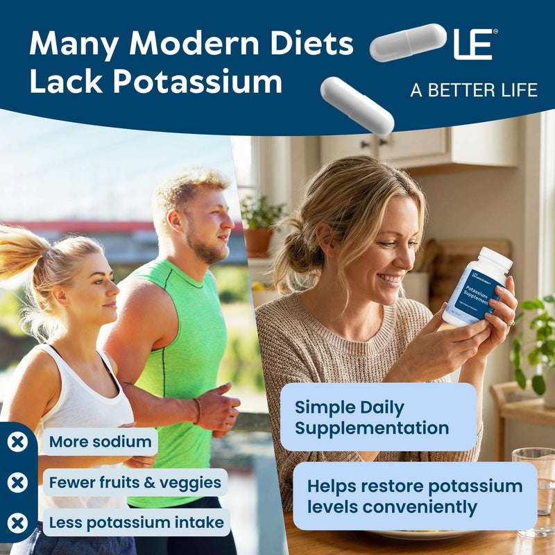 Life Enhancement High Potency 1020 mg Potassium Supplement for Muscle, Brain & Bone Health - No Additives High Absorption Elemental Potassium Supplement, Made in USA (240 Capsules – 120 Servings) 240 Capsules