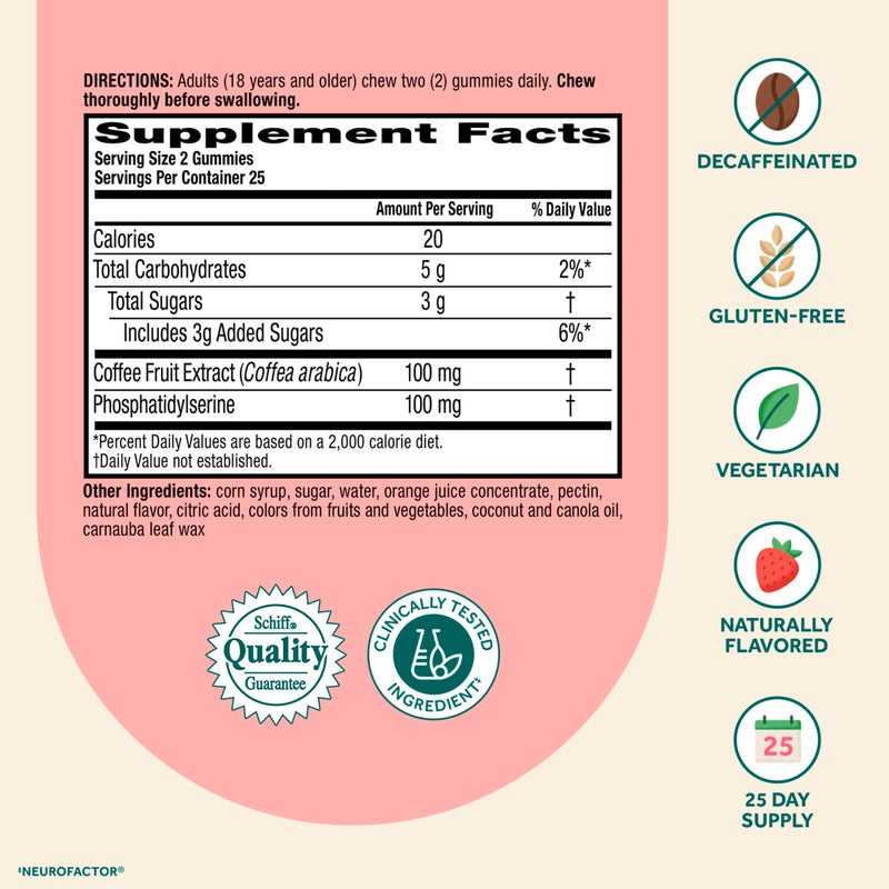 NEURIVA Original Brain Supplements for Memory and Focus, Clinically Tested Nootropics Phosphatidylserine and Neurofactor, Caffeine Free, 50ct Strawberry Gummies | Brain Supplements for Memory and Focus, Phosphatidylserine, Neurofactor, Decaffeinated No...