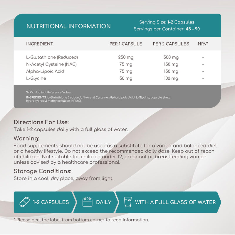 Glutathione Reduced - 98% Highly Purified - L Glutathione Supplement with NAC, Alpha Lipoic Acid & L-Glycine - Antioxidant Support - from Fermentation, Non-GMO - 900 mg per Serving, 90 Vegan Capsules
