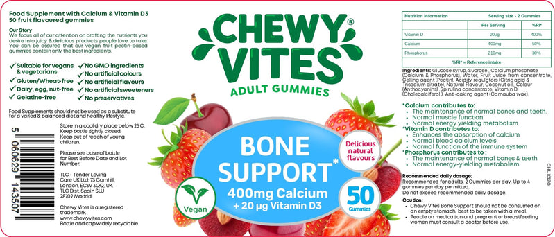 Chewy Vites Adult Bone Support 50 Vitamin Gummies, 400mg Calcium Gummies with 20 mcg Vitamin D3, for Bones, Teeth & Muscle Function, 2-a-Day, Vegan, Mix of Wild Cherry and Strawberry Flavour