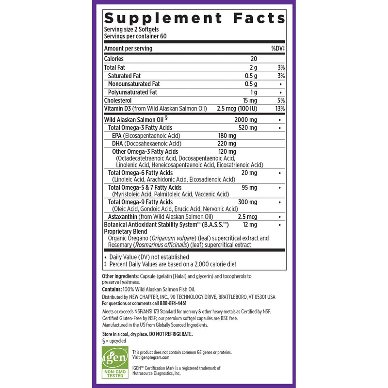 New Chapter Wholemega Fish Oil Supplement - 2000mg per Serving, Clinically Proven Wild Alaskan Salmon Oil with Omega-3 + Vitamin D3 + Astaxanthin, 120 Softgels Unflavored 120 Count (Pack of 1)