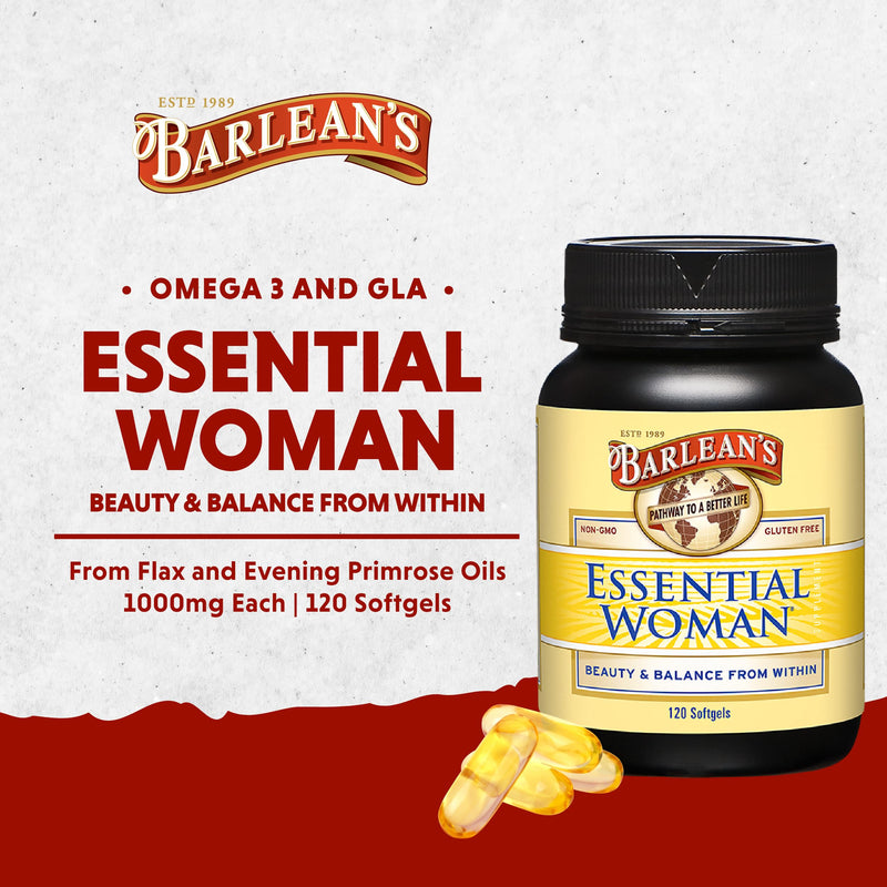 [Australia] - Barlean's Essential Woman Capsules, Hormonal Balance Supplement for Women, Flaxseed, Evening Primrose Oil & Soy Isoflavones, Omega 3 6 9 and GLA for Healthy Hair and Skin, 120 Count Softgels - 120 Count 