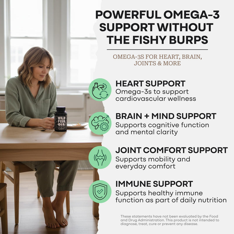 Wild Foods Fish Oil Omega 3 Supplements, 1600mg EPA DHA DPA, 60 Capsules | Burpless, Odorless, Non-GMO, Gluten Free, Supports Brain, Heart & Joint Health, 30 Servings, 1 Pack, Worldwide Sourced 60 Count (Pack of 1)