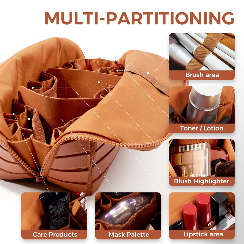 Travel Makeup Organizer Bag with Fold-Down Design and Adjustable Dividers, 27 Pockets & 3 Brush Storage Holders, Large Capacity Cosmetic Bags Toiletry Case - Brown Medium