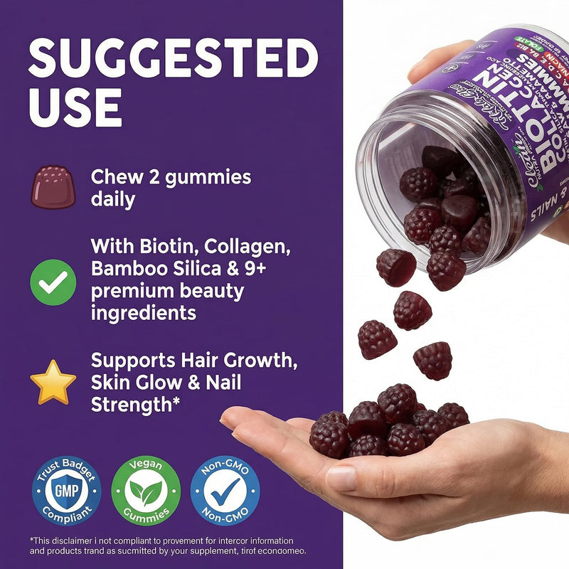 Clean Nutra Biotin Gummies | Collagen, Hyaluronic Acid, Keratin Hair Vitamins Supplement - Hair Growth Support, Skin & Nails - Vitamins C, D, E, B6 & B12 - US Made for Women & Men | 60 Gummy Count