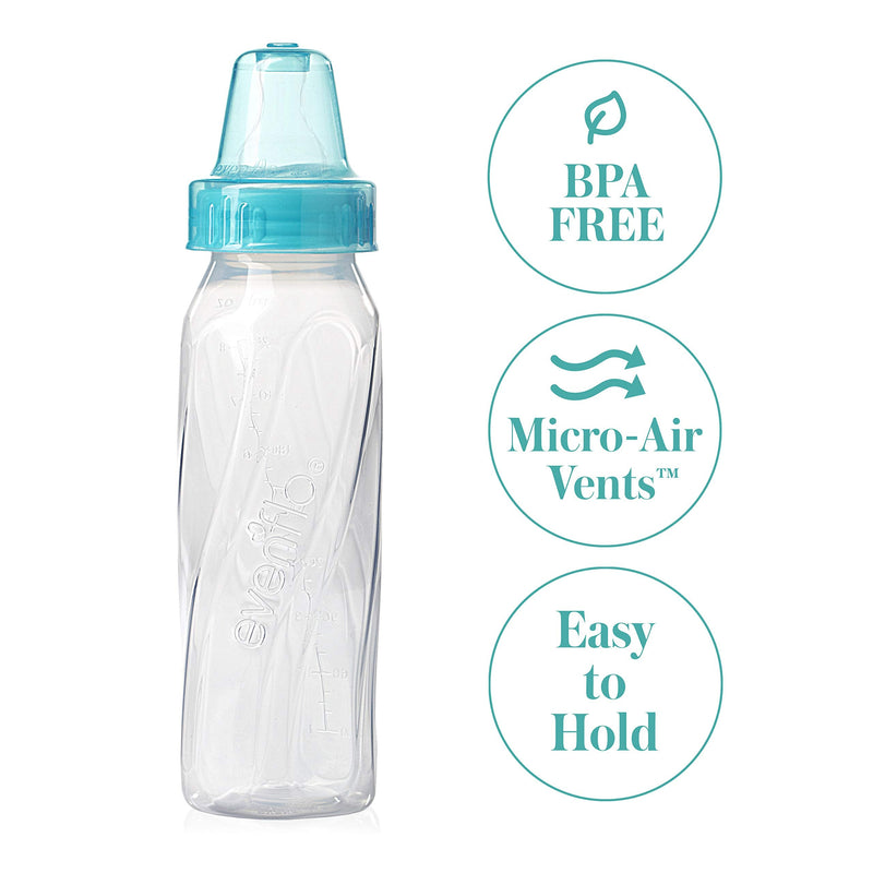 [Australia] - Evenflo Feeding Classic Clear Plastic Standard Neck Bottles for Baby, Infant and Newborn - Teal/Green/Blue, 8 Ounce (Pack of 12) 