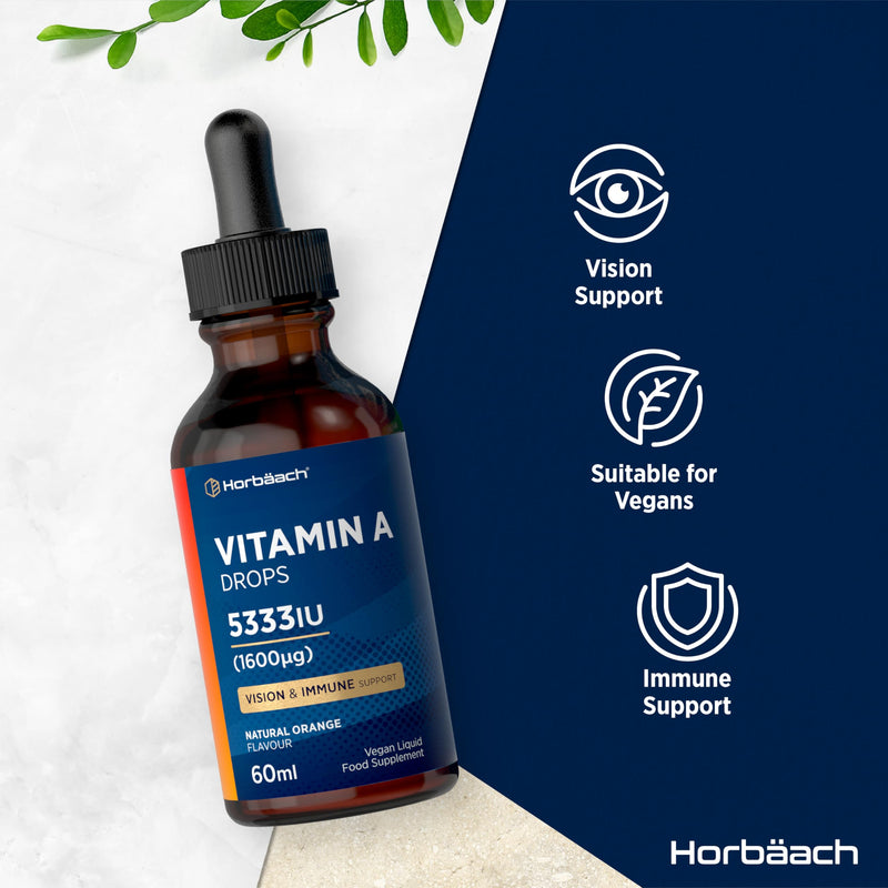 Vitamin A Drops 5333IU | 60 mL | High Strength Vitamin A as Retinol Palmitate | Vegan Liquid Oral Supplement for Adults | Orange Flavour | By Horbaach