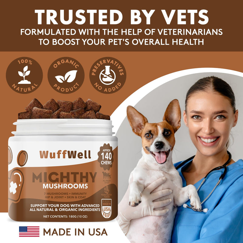 Mushroom Supplement for Dogs - 140 Chews - Advanced 7 Mushrooms Blend with Turkey Tail, Lions Mane and Reishi - Includes Green Lipped Mussel, Salmon Oil and Probiotics for Immune Support Peanut Butter - PawsPlanet Australia