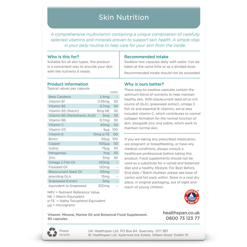 Healthspan Skin Nutrition (45 Days Supply) | Essential Nutritional Support for Healthy, Beautiful Skin Everyday | Added Vitamins & Minerals | Includes Blackcurrant Seed Oil, Grapeseed Oil & Omega 3