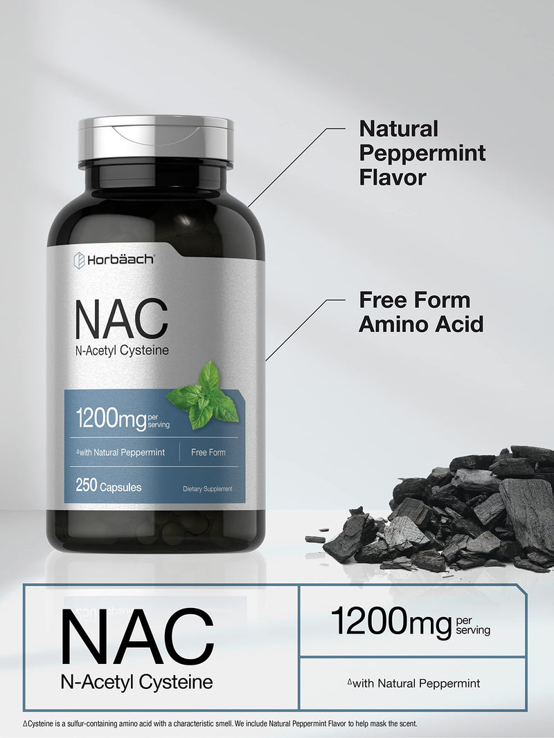 Horbäach NAC N-Acetyl Cysteine Supplement 1200mg | 250 Capsules | with Natural Peppermint | Non-GMO, Gluten Free 250 Count (Pack of 1)