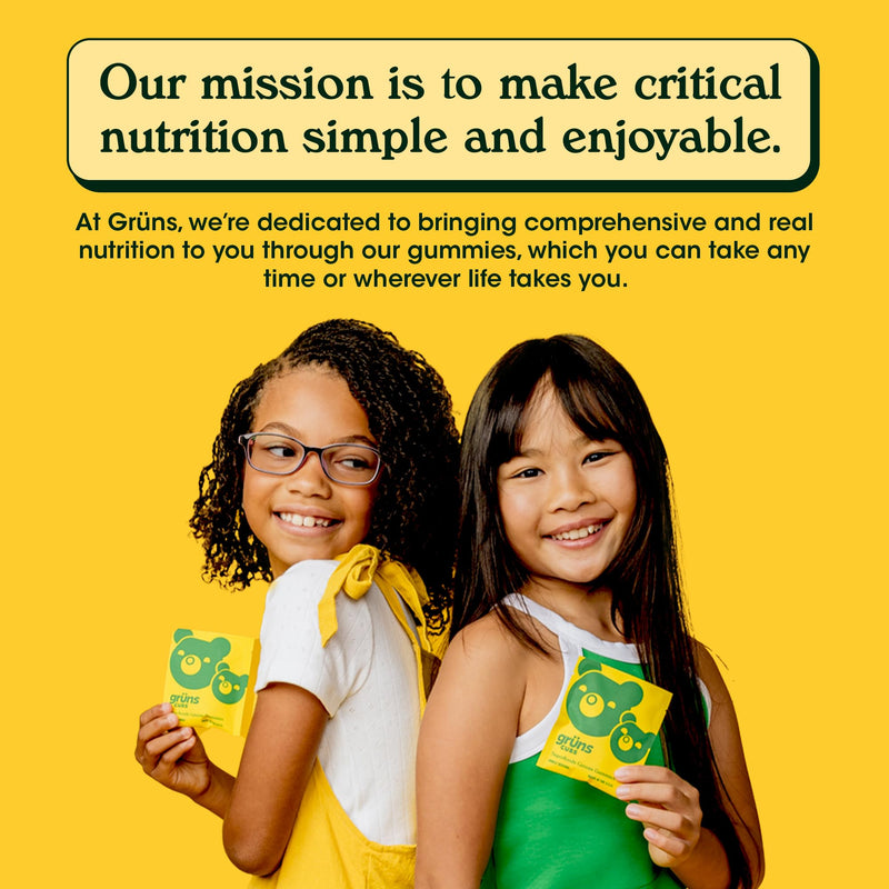 [Australia] - Gruns Kids Vitamins, Super Greens Gummies - Superfood Gummy Bears with Spirulina, Chlorella, 20+ Vitamins & Minerals, Prebiotics Fiber for Digestive Health, Adaptogens Supplement, 28 Day Supply Low Sugar 