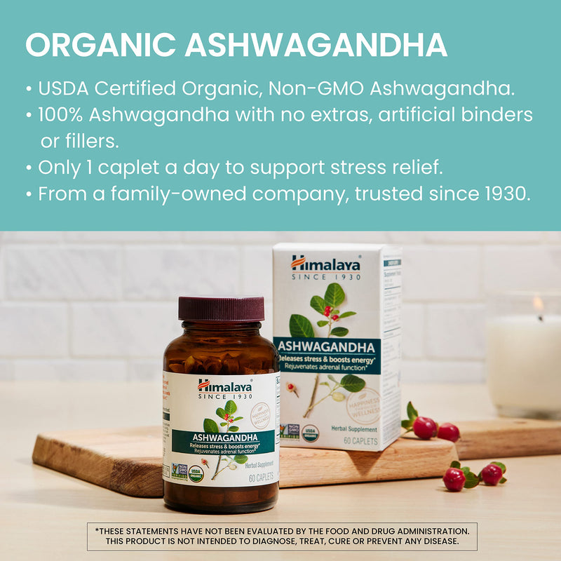 [Australia] - Himalaya Organic Ashwagandha, 120 Day Supply, Herbal Supplement for Stress Relief, Energy Support, Occasional Sleeplessness, USDA Organic, Non-GMO, Vegan, Gluten Free, 670 mg, 60 Caplets, 2 Pack 