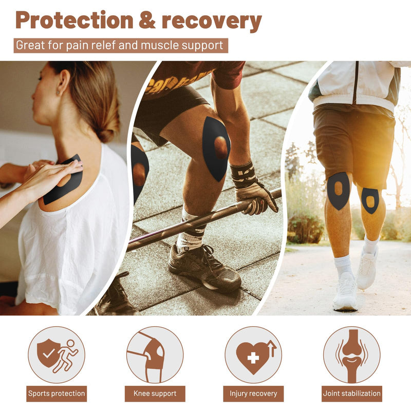 Precut Kinesiology Tape for Knees, 10 Pcs Waterproof & Elastic Athletic Tape for Knee Support & Stability, Breathable Hypoallergenic Latex-Free Tape, German-Engineered Skin-Friendly Adhesive (Black) Black
