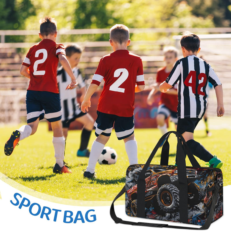 Sports Duffle Bag, Small Gym Bags With Zipper, Ballet Dance Bag for Girls, Workout Soccer Bags for Boys Weekend Overnight Shoulder Carry-On Travel Tote (Trucks)
