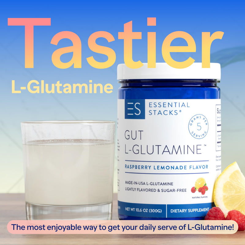 [Australia] - Essential Stacks Flavored Gut L-Glutamine Powder (Raspberry Lemonade) - Sugar Free & Gluten Free - Made with Organic Raspberry & Lemon Flavors (50 Servings) 