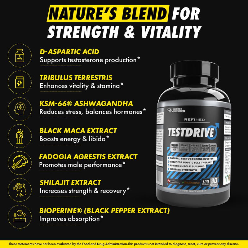 Refined Nutrition Testosterone Booster for Men (120 Capsules) - Natural Testosterone Supplements with D-Aspartic Acid, Ashwagandha KSM-66, Maca & Shilajit for Support Strength
