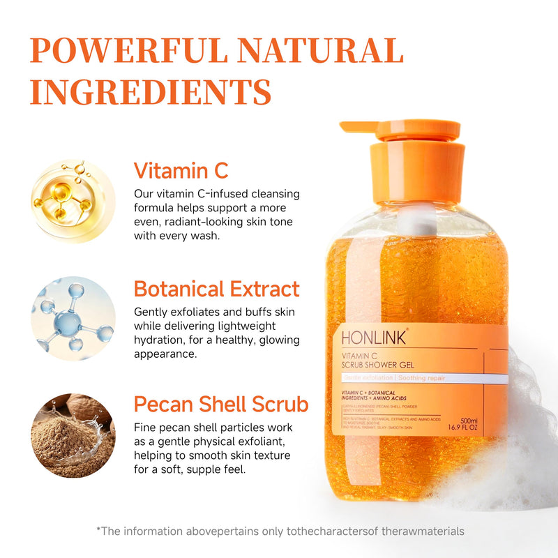 Vitamin C Exfoliating Body Wash for Women – Gentle Shower Gel with Pecan Shell Powder & Botanical Extracts for Daily Hydrating & Smoothing Body Care Routine 1 Bottles Shower Gel