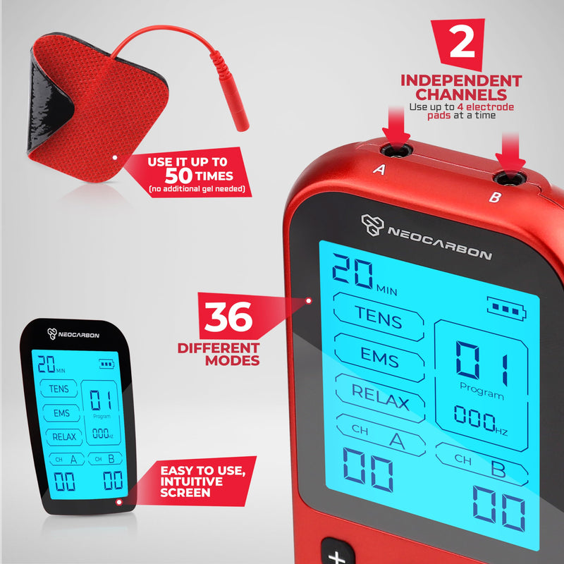 TENS Unit Muscle Stimulator Pro for Back Pain Relief, Shoulder Recovery and Physical Therapy, Electronic EMS Massager Machine with PMS Pulse for Effective Shock Therapy, Red