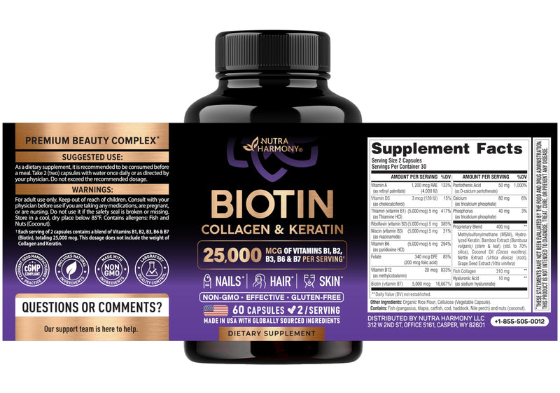 Biotin, Collagen, Hyaluronic Acid & Keratin - Hair Growth Support - 60 Caps | Hair, Skin & Nails Vitamins - Clinically Tested Supplement for Men & Women - 25000mcg Vitamins B1, B2, B3, B6 & B7 60 Count (Pack of 1)