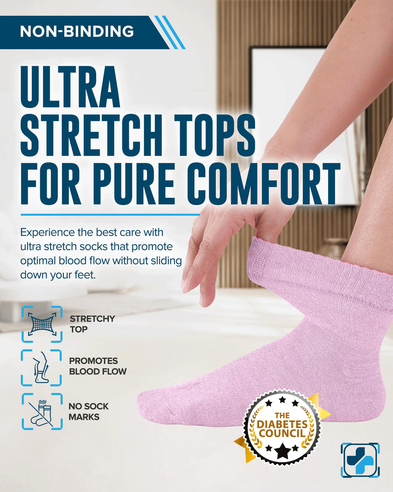[Australia] - Doctor's Select Bamboo Viscose Diabetic Socks Women & Men - 4 Pairs Ankle Length Womens Diabetic Socks | Non Binding Socks Large Light Blue, Blue, Purple, Pink 