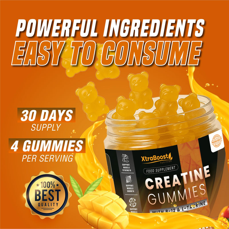 Creatine Gummies 5000mg Max Strength Creatine Monohydrate + B12 & L-Taurine – Build Muscle, Boost Energy & Speed Recovery – Mango Pre Workout for Men & Women – 120 Vegan Gummies | 30 Day Supply 120 count (Pack of 1)