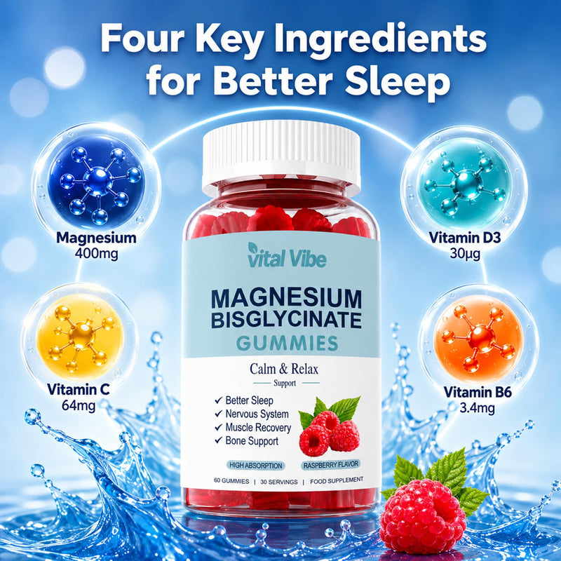 Magnesium Bisglycinate Gummies 400mg, Chelated Magnesium with Vitamin B6 & D3 for Women & Men, Max Absorption Magnesium Supplement for Sleep, Stress, Muscle Support, Raspberry, 60 Gummies
