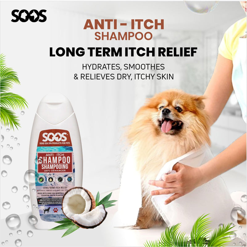 Soos Pet Dog Shampoo for Cats and Pets Anti-Itch Dead Sea Minerals Fast Absorbing Clean Fur with Vitamins Essential Oils Natural Ingredients Antiba-cterial and Antif-ungal - 1x Pet Shampoo (500ml) - PawsPlanet Australia