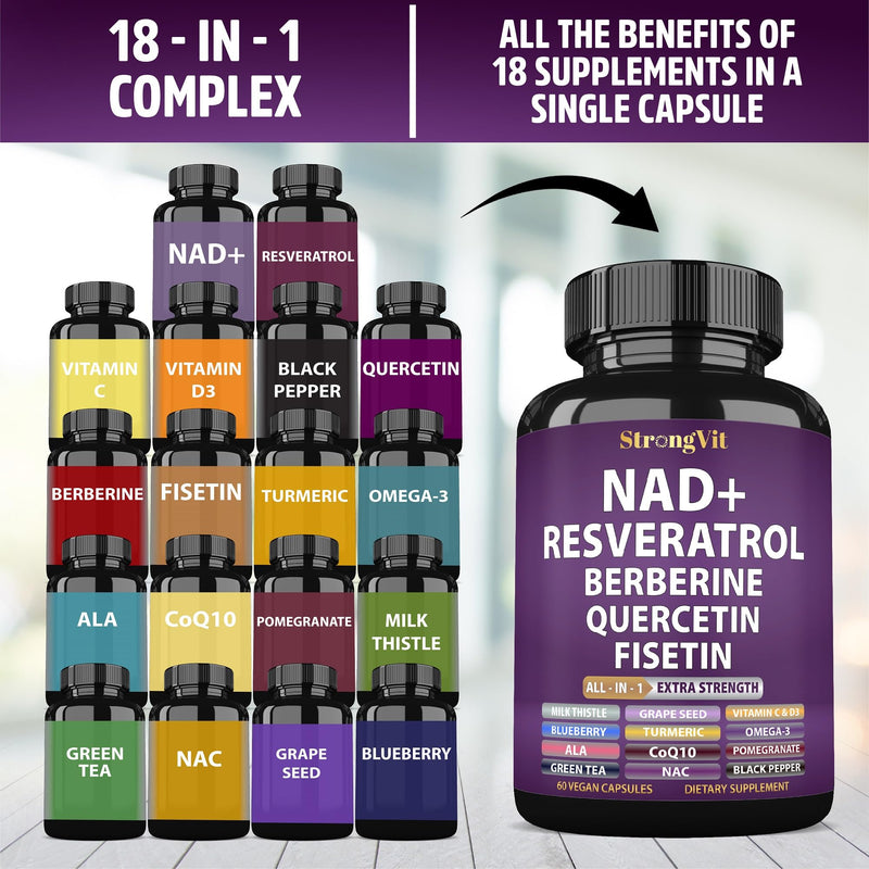 NAD Resveratrol Supplement for Women & Men. Support Cellular Health, Energy + Healthy Aging. Advanced Formula, Plus Third-Party Lab Tested in USA (60 Capsules) 60 Count (Pack of 1)