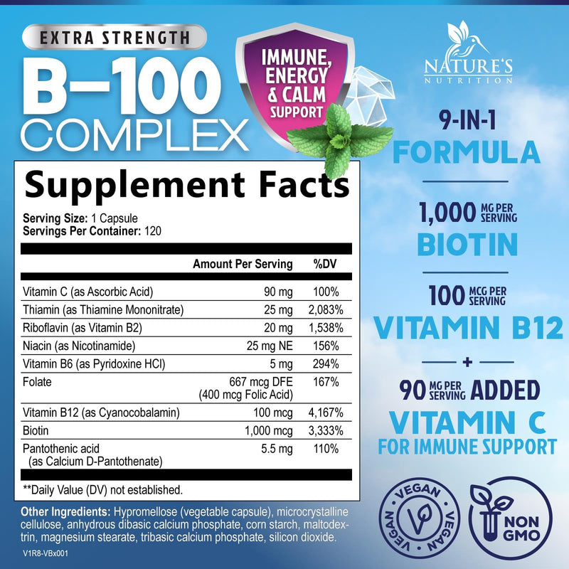 B Complex Vitamins Capsules - Super Complete B-100 Complex with Vitamin B12 B6 C Biotin Folate & Folic Acid for Immune & Energy Support - Supplement for Heart, Brain, & Nerve Support - 120 Capsules 120 Count (Pack of 1)