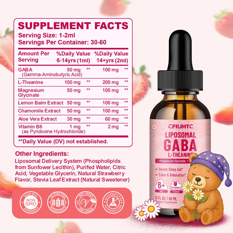 2 Pack Liposomal GABA L-Theanine Drops for Kids - Liquid GABA Supplement with Magnesium, Chamomile, Lemon Balm & Vitamin B6 - Support Relaxation, Focus & Stress Relief for Kids & Adults - Strawberry 2 Fl Oz (Pack of 2)