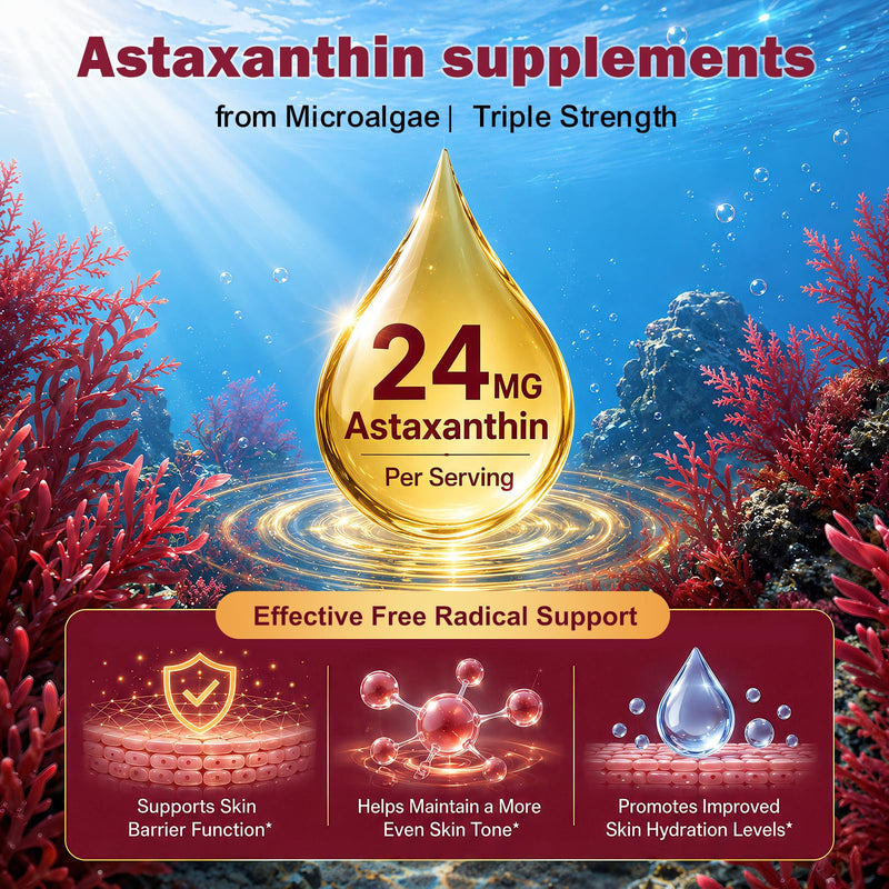 19 in 1 Astaxanthin 24mg, 8 Month Supply, Astaxanthin Supplements Sourced from Fresh Microalgae with Lycopene, Grape Seed, Vitamin E, Supports Eye, Immune, Skin Health, Antioxidant - 240 Capsules