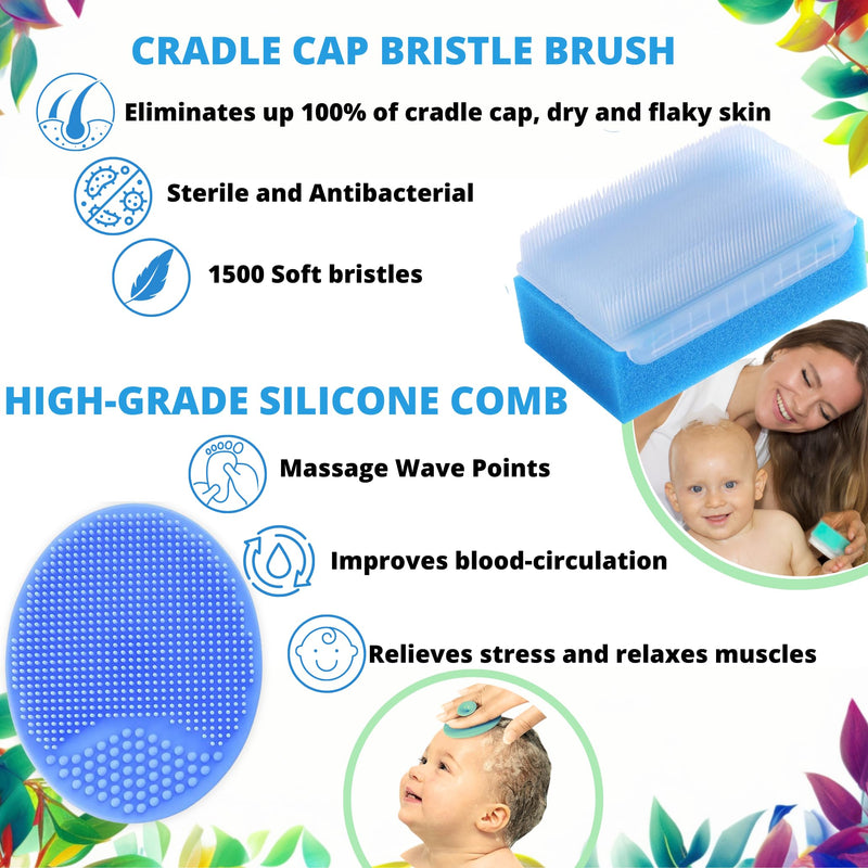 Cradle Cap Brush & Baby Comb Set - Newborn Bath Essentials | Baby Cradle Cap Treatment | Baby Scalp Scrubber (6-Pack) 6-Pack Cradle Cap Kit - Azure