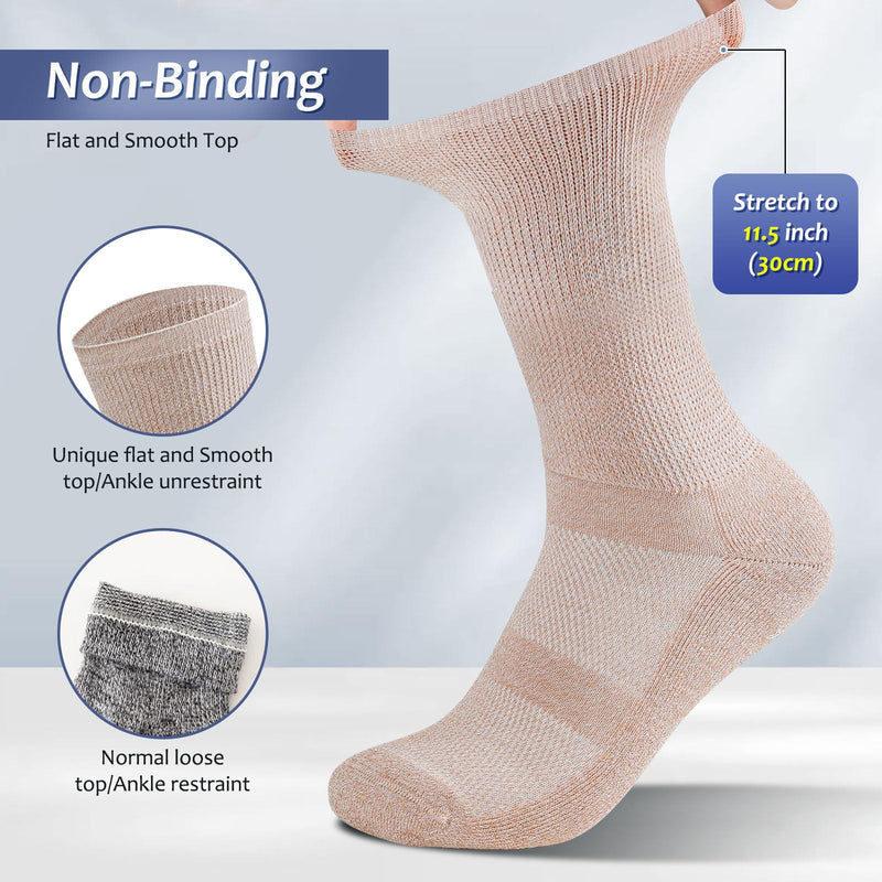 [Australia] - Diabetic Socks for Men Women-6 Pairs Non Binding Crew Diabetic Neuropathy Socks with seamless toe for size 6-9 9-12 Tan/Khaki/Navy/Pale Blue/Navy Blue/Offwhite Large 