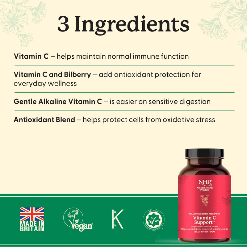 NHP Advanced - Vitamin C Support with Magnesium Ascorbate & Bilberry Immune Boosting Supplement, Supports Nervous System Function, Reduces Fatigue, Gluten - Free, 60 Vegan Capsules 1 count (Pack of 1)