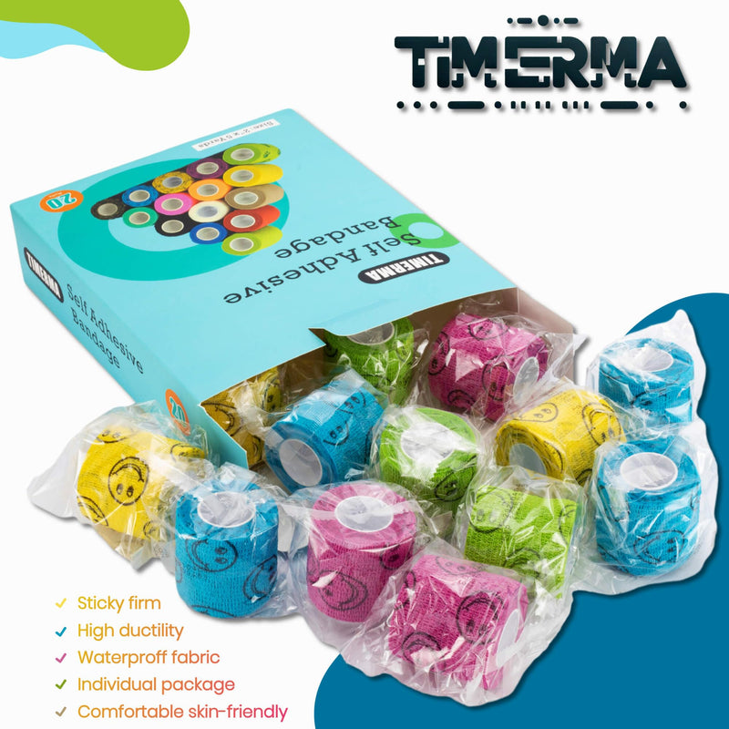 20 Rolls Self Adhesive Bandage Wrap Elastic&Breathable Ideal for Wound Care, Sports & Joint Sprains Adhesive Vet Wrap Versatile Support for Dogs Cats Horses Birds, Pet First Aid (Smiley) 20Rolls Smiley