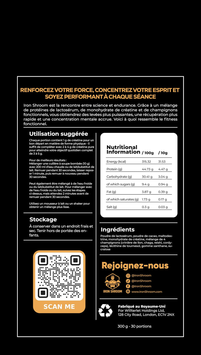 Iron Shroom by Cognitive Brews Chocolate Functional Performance Powder | Whey Protein, Creatine & 4 Mushroom Super Blend | 300g | 30 Servings Iron Shroom (Creatine)
