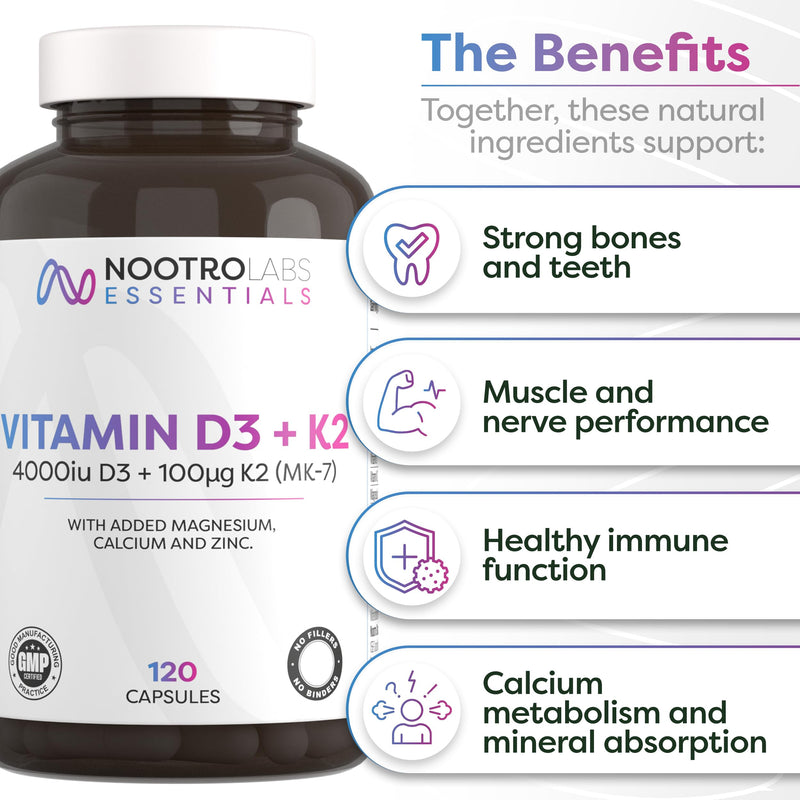 Nootro Labs Essentials Vitamin D3 4000 iu and K2 Capsules, Daily Vitamin D Supplements with Zinc and Magnesium for Joint Care, Bone & Heart Health and Immune Support (60 Servings - 2 Month Supply)