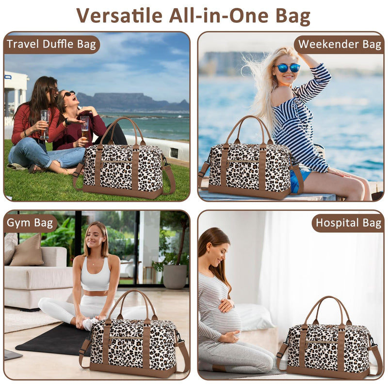 ELONGRIVER Women Travel Duffle Bags, Weekender Overnight Bag, Hospital Bag | Airplane Duffel Bags with Toiletry Bag, Hospital Bag for Labor Delivery, Tote Weekend Bag with Luggage Sleeve, Large, Leopard Leopard Print