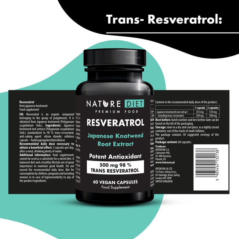 Nature Diet Resveratrol - 500mg Trans-Resveratrol (98%) - Japanese Knotweed Extract - 60 Vegan Capsules - Antioxidant Support - Supports Healthy Aging & Cellular Well-Being