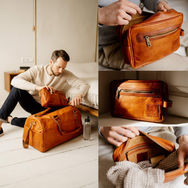 BERLINER BAGS Vintage Genuine Leather Toiletry Bag For Men Paul, Brown | Leather Travel Bag, 1-2 Zippered Compartment, Large Capacity, YKK Metal Zipper, Leather Handle 1 Compartment