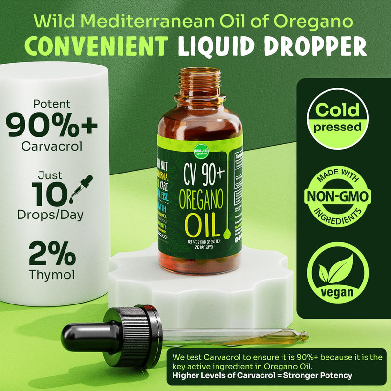 [Australia] - MAJU Oregano Oil Drops, Potent 90%+ Carvacrol (2 fl oz) Wild Mediterranean Essential Oil of Oregano Liquid, Aceite de Oregano, Immune and Seasonal Support, Compare to Organic 