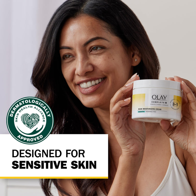 Olay Face Moisturizer, Complete+ Rich Moisturizing Cream - Fragrance-Free, Gentle for Dry & Sensitive Skin, 3-in-1 Hydrating to Strengthen, Nourish, Renew - Niacinamide, Vitamin E, & Ceramides, 8.5 oz 8.5 Fl Oz (Pack of 1)